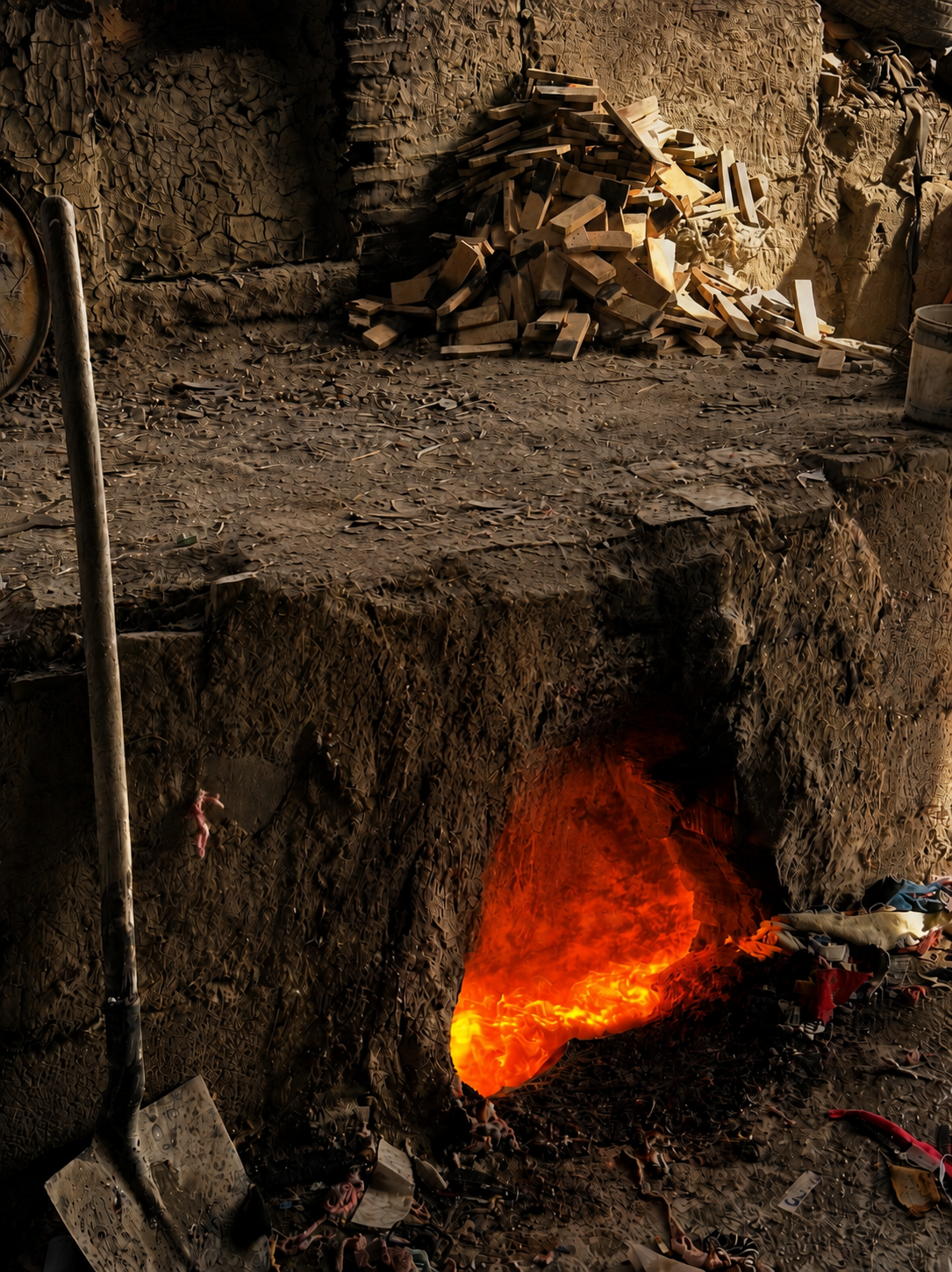 Four de cuisson artisanal avec lumière rouge incandescente dans l'atelier de Fès.