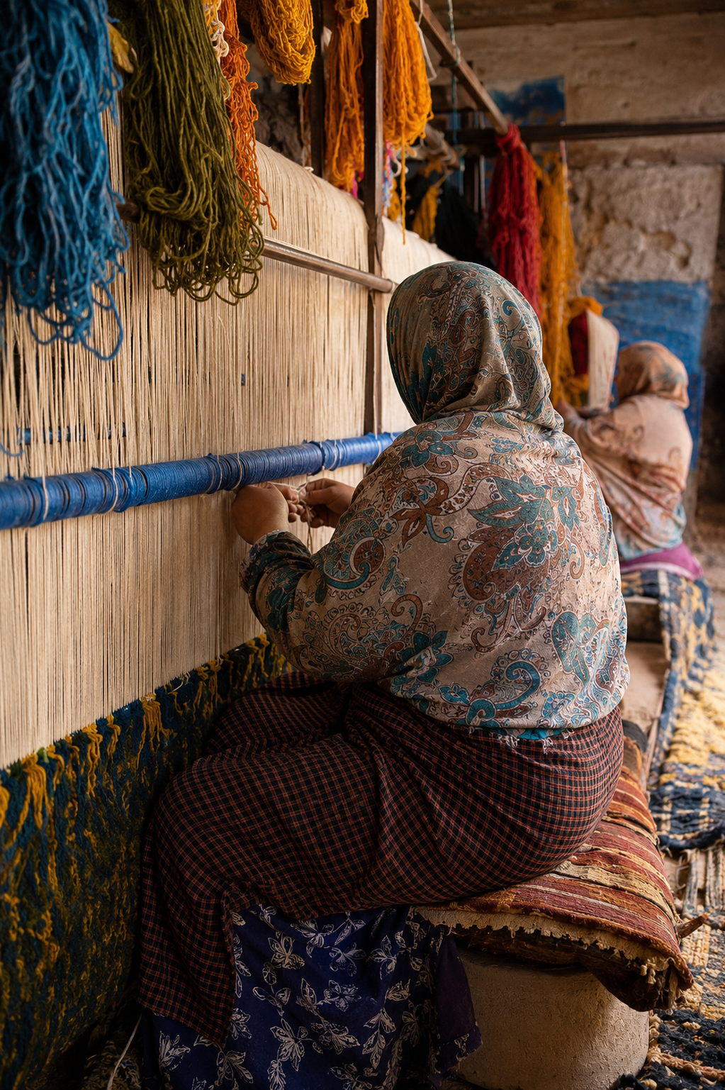 Artisane marocaine en train de tisser un tapis de Kénifra sur un métier traditionnel.